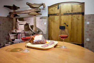 two glasses of wine and a plate of food on a table at Vineyard Cottage Lustek in Novo Mesto