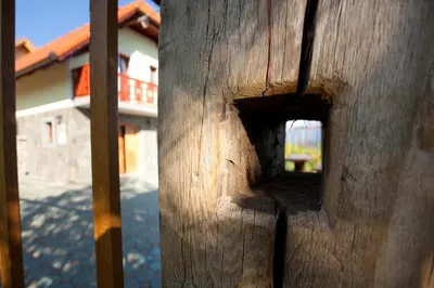 a hole in the side of a wooden building at Vineyard Cottage Lustek in Novo Mesto