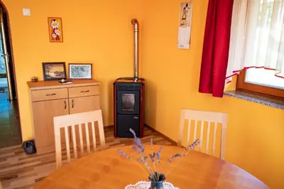 a dining room with a table and a wood stove at Vineyard Cottage Pod Piramido in Dobrnič