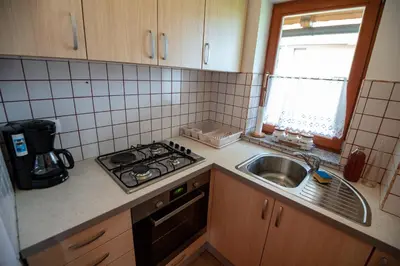 a small kitchen with a sink and a stove at Vineyard Cottage Pod Piramido in Dobrnič