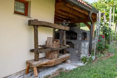 a woodburning oven on the side of a house at Vineyard Cottage Pod Piramido in Dobrnič