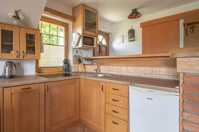 a kitchen with wooden cabinets and a sink at Vineyard Cottage Rataj 1 in Novo Mesto