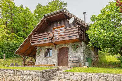 a small stone house with a wooden roof at Vineyard Cottage Rataj 1 in Novo Mesto