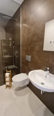 a bathroom with a sink and a toilet at Cankar's cute apartment in Ljubljana