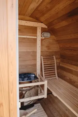 a sauna with a chair in a wooden cabin at Holiday House Clavis in Dobrovnik