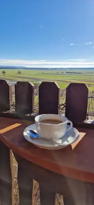 a cup of coffee sitting on a wooden table at Holiday House Clavis in Dobrovnik