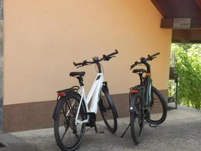 two bikes are parked next to a building at Vineyard Cottage Ucman in Otočec