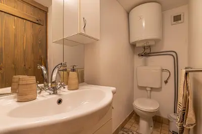 a white bathroom with a sink and a toilet at Vineyard Cottage Skatlar in Otočec
