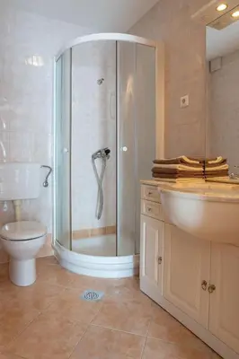 a bathroom with a shower and a sink and a toilet at Apartments Maja by the river in Bohinj