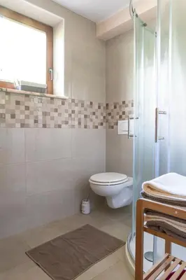 a bathroom with a toilet and a glass shower at Apartments Maja by the river in Bohinj