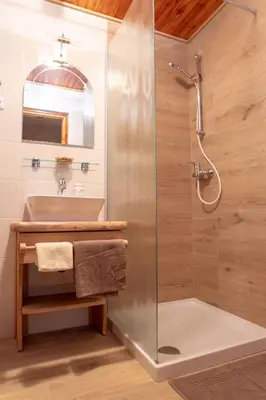 a bathroom with a shower and a sink at Apartments Maja by the river in Bohinj