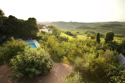 an aerial view of a villa with a swimming pool and trees at Boutique Hotel Dvor in Dobrovo