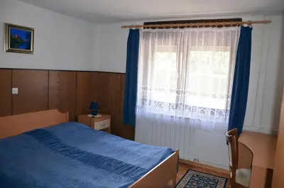a bedroom with a blue bed and a window at Apartments Lenardic in Bled