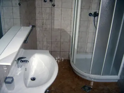a bathroom with a toilet and a shower and a sink at Apartments Lenardic in Bled
