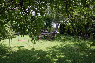 a picnic table in the middle of a yard with trees at Apartments Lenardic in Bled