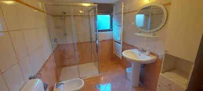 a bathroom with a shower and a sink and a toilet at Apartments Lenardic in Bled
