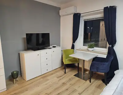 a small room with a tv and a table and a window at Soba 7 Pekrska vila in Limbuš