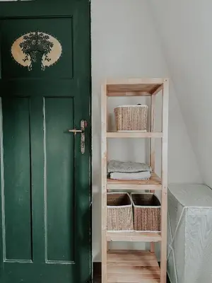 a green door in a room with a shelf at Vila Del Linz in Ljubljana