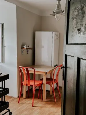 a kitchen with a table and chairs and a refrigerator at Vila Del Linz in Ljubljana