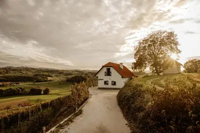 a small white house on a hill with a dirt road at Vineyard Cottage Zdolsek in Šmarje pri Jelšah