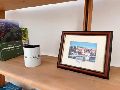 a picture frame and a coffee mug on a shelf at Villa Boris in Starše