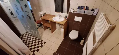 a small bathroom with a sink and a toilet at Prenočišče pri Sodarju in Beltinci