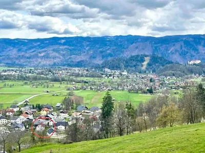 a town in a green field with mountains in the background at Tiny Bled house in Bled