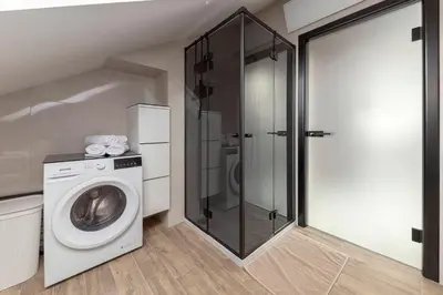 a bathroom with a washing machine and a shower at Luiza's Apartment in Ljubljana