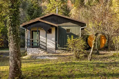 a small green building in a field with trees at Cabin by the river Polhov Gradec in Polhov Gradec