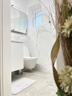 a white bathroom with a toilet and a sink at Under Castle Apartment in Ljubljana