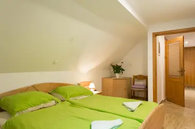 a bedroom with a green bed in a room at Apartment Ivanka Cvetek in Bohinj