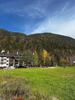 a green field with a building and a mountain at Golden hour apartment in Kranjska Gora