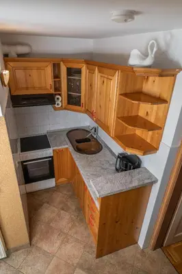 a kitchen with wooden cabinets and a sink at Holiday Home Pri Srni in Bohinj