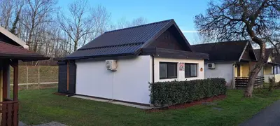 a small white house with a black roof at Vila VALENTINA in Čatež ob Savi