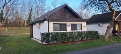 a white house with a hedge in front of it at Vila VALENTINA in Čatež ob Savi