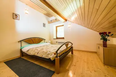 a bedroom with a bed with a wooden ceiling at Tami in Lokve