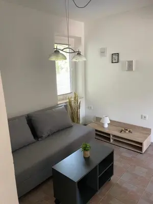a living room with a couch and a table at Riverhouse apartment in Radovljica