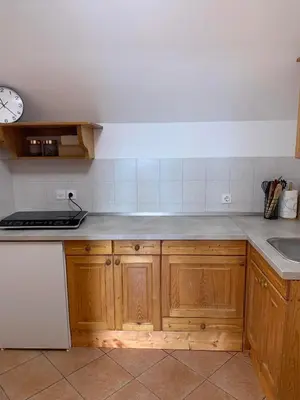 a kitchen with wooden cabinets and a sink at Apartments Nune 2 in Zreče