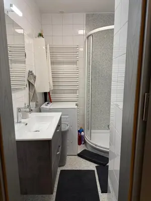 a white bathroom with a sink and a shower at Apartma Galjevica in Ljubljana