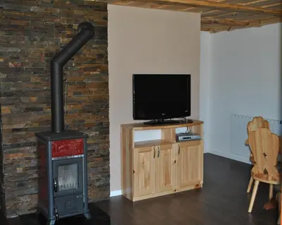a living room with a wood stove and a tv at Apartmaji Brložnica pod Veliko planino in Luče