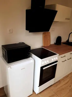 a kitchen with a microwave and a stove top oven at Apartmaji Brložnica pod Veliko planino in Luče