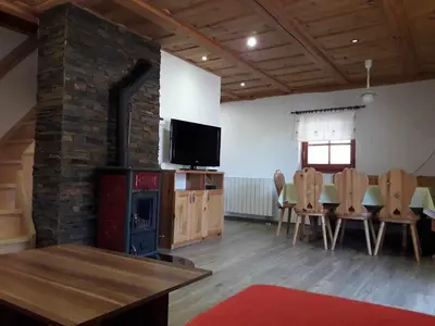 a living room with a fireplace and a table and chairs at Apartmaji Brložnica pod Veliko planino in Luče