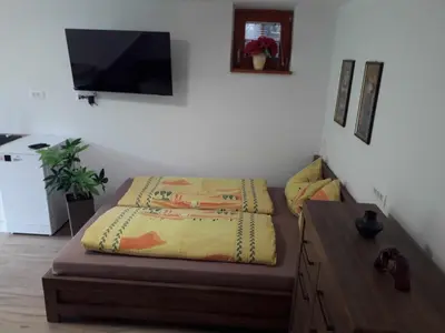 a room with a bed and a table and a tv at Apartmaji Brložnica pod Veliko planino in Luče