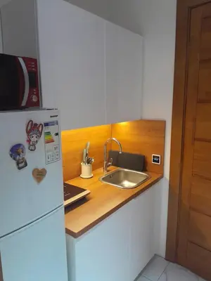 a small kitchen with a sink and a refrigerator at Deluxe Central Apartment in Ljubljana
