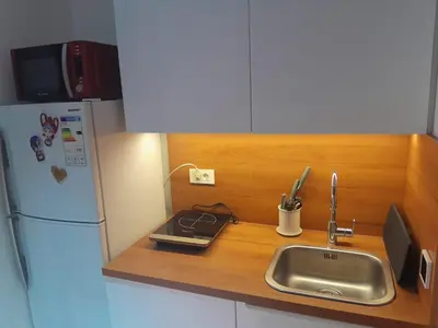 a kitchen counter with a sink and a refrigerator at Deluxe Central Apartment in Ljubljana