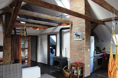 a living room with a brick fireplace and a stove at Stunning Hills View Apartment Vransko in Vransko