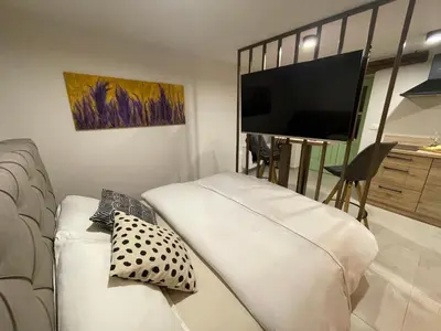a living room with a couch and a flat screen tv at Vila Imenja in Šmartno