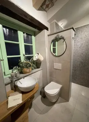 a bathroom with a toilet and a sink and a mirror at Vila Imenja in Šmartno