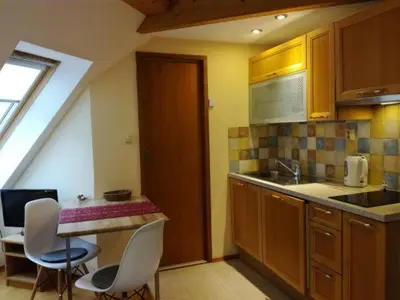a kitchen with a table and chairs and a sink at Apartments Dvor in Bovec