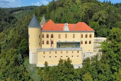 an aerial view of a castle on a hill at Apartments Domačija Mlaker in Podčetrtek